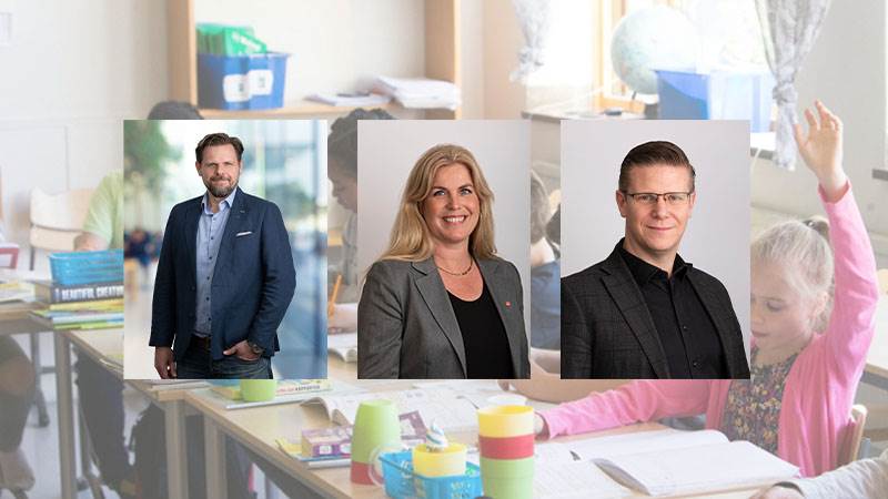 Tobias Hammarberg (L), ordförande i grund- och förskolenämnden, Maria Fägersten (S), ordförande i gymnasie- och vuxenutbildningsnämnden och Henrik Lindh, utbildningsdirektör, utbildningsförvaltningen. Bild på Tobias Hammarberg (L), ordförande i grund- och förskolenämnden Maria Fägersten (S), ordförande i gymnasie- och vuxenutbildningsnämnden Henrik Lindh, utbildningsdirektör, utbildningsförvaltningen.