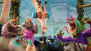 Animerad film med noshörningar, en giraff och en zebra i en tecknad miljö.