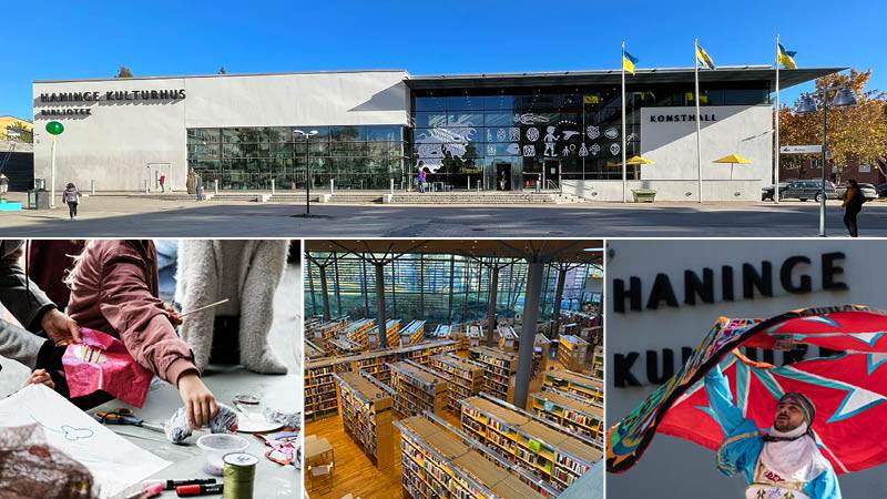 Kollage: Bild på Haninge kulturhus framför en blå himmel, skapande barn i Konstverkstan, biblioteket i Handen, kulturevenemang på #Vi är Haninge