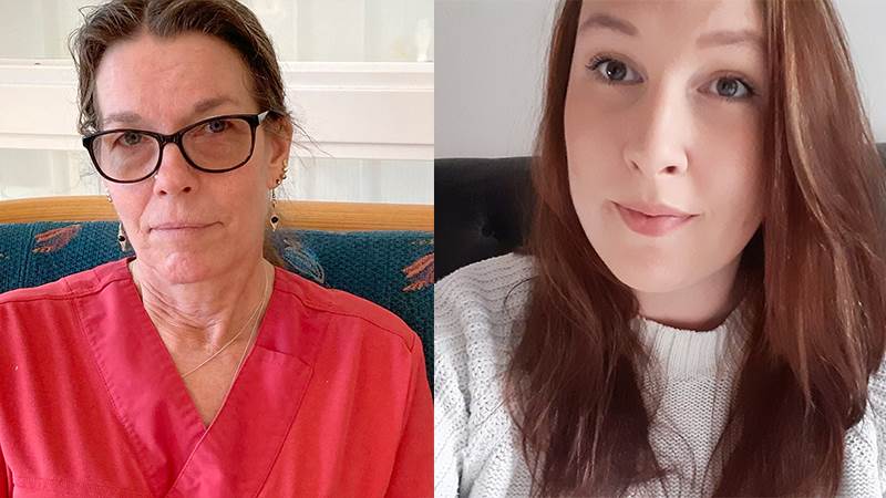 Katarina Lindroth och Caroline Heidgren utbildar sig inom äldreomsorgslyftet. Collage av porträttbilder på Katarina Lindroth och Caroline Heidgren