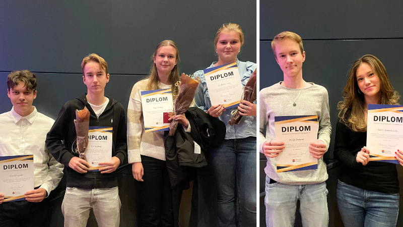 Elevstipendiater från vänster till höger: Iron Offnegårdh från Tungelsta skola, Isak Nordberg från Innovitaskolan, Maja Delläng från Innovitaskolan, Tea Brännström från Innovitaskolan, Philip Svensson från Brandbergsskolan, Felicia Enbuske-Cha från Brandbergsskolan Sex elevstipendiater 2024