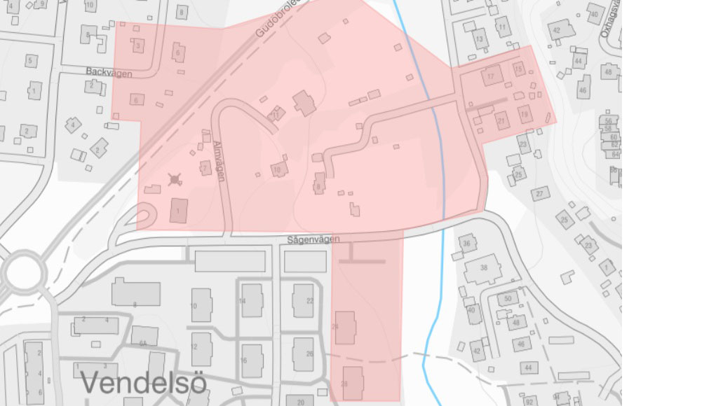 Kartbild som visar markering kring Almvägen i Sågen, Vendelsö där det planeras för ledningsarbete