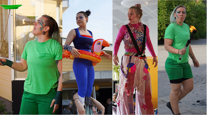 Funkisbal med cirkus, grill, glitter och glamour! Fyra cirkusartister syns på bilden, en som jonglerar en tallrik på en pinne, en som går på styltor och en med eld i handen.