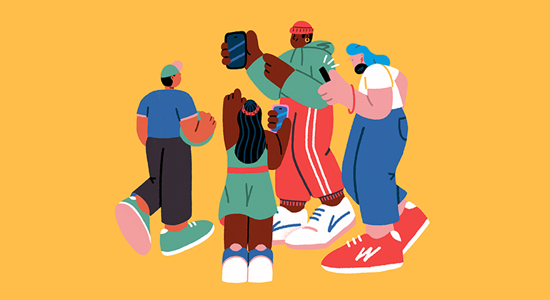 Illustration av unga personer med mobiltelefoner som symboliserar sociala medier, digital kommunikation och risker som grooming på nätet.