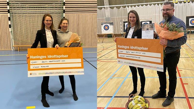 Vasso Norlund och föreningen Haninge Handikappidrottsklubb (representerade av ordförande Torbjörn Kleibrant) tar emot pris av av Nicole Forslund (L), ordförande i idrott-, kultur- och fritidsnämnden.