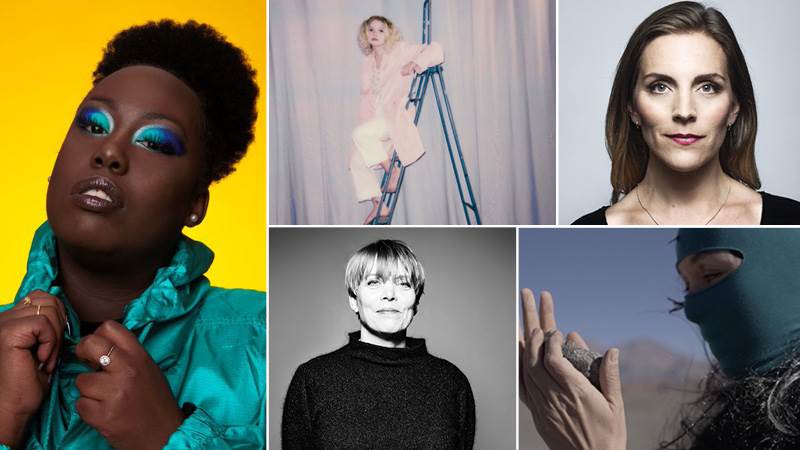 Ett kollage över programpunkterna i Feministfesten: Chelsea Muco, Sofie Jonsson, Anna Ardin, Camilla Persson, Paloma Madrid