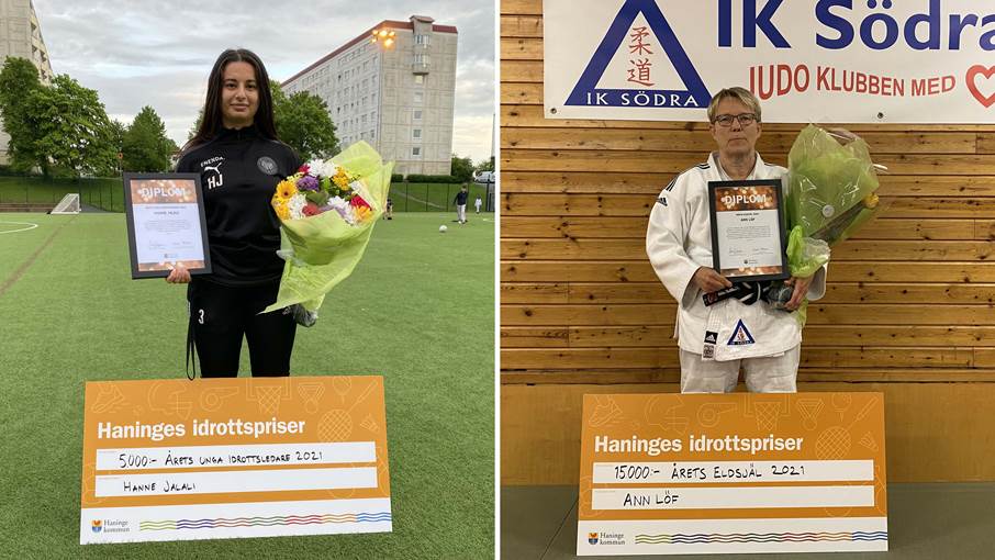 Hanne Jalali och Ann Lööf står med diplom och stora prischeckar.
