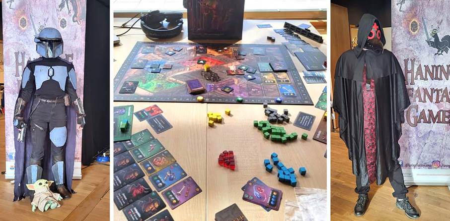 Brädspel samt ungdomar utklädda till filmfigurer.