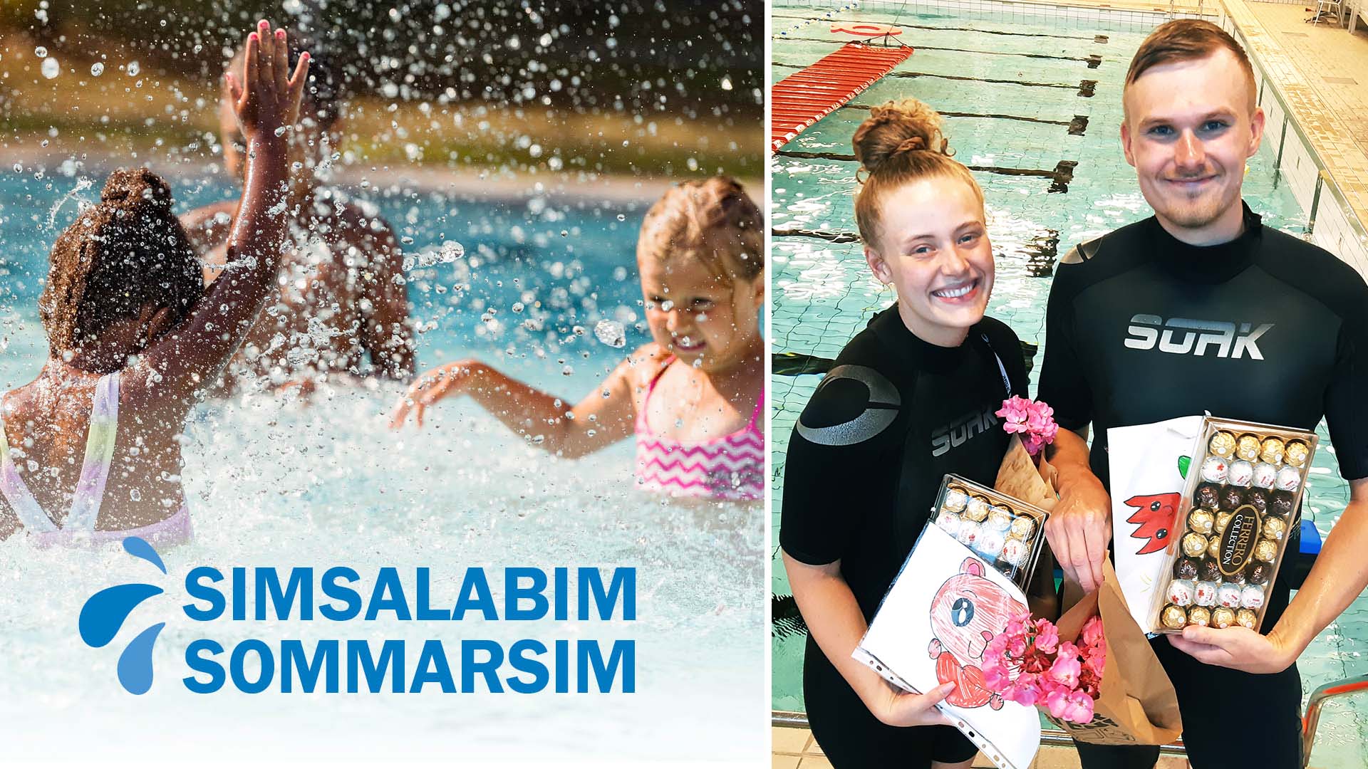 Barn som plaskar i en pool och simlärare som håller i teckningar och choklad  och ser glada ut.