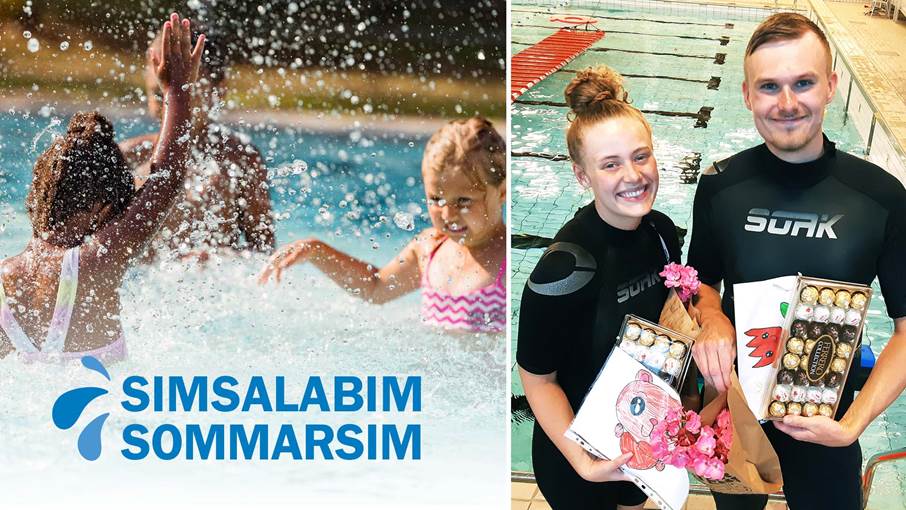 Barn som plaskar i en pool och simlärare som håller i teckningar och choklad och ser glada ut.