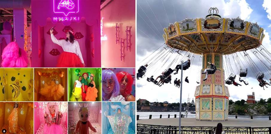 Ungdomar som poserar i olika miljöer och slänggungan på Gröna lund.