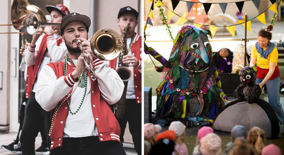Unga män som spelar blåsinstrument och teaterföreställning med dockor.