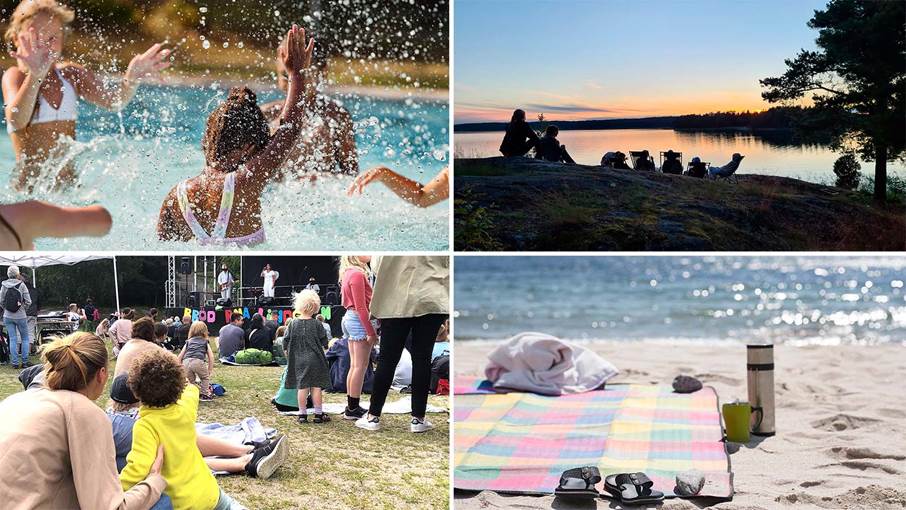 Collage med barn som badar, solnedgång, strand och publik.