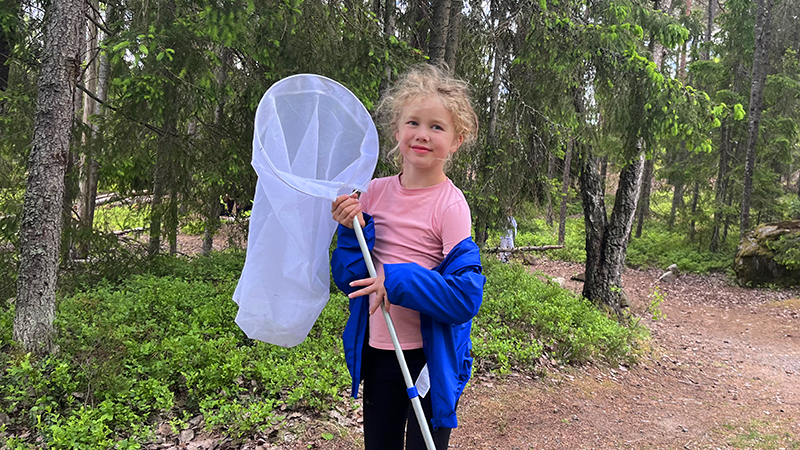 Flicka i skogen med en fjärilshåv.