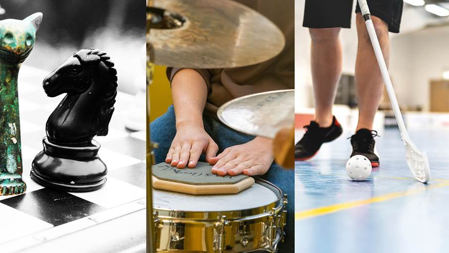 Collage med schackpjäs, person som spelar trummor och person som spelar innebandy.