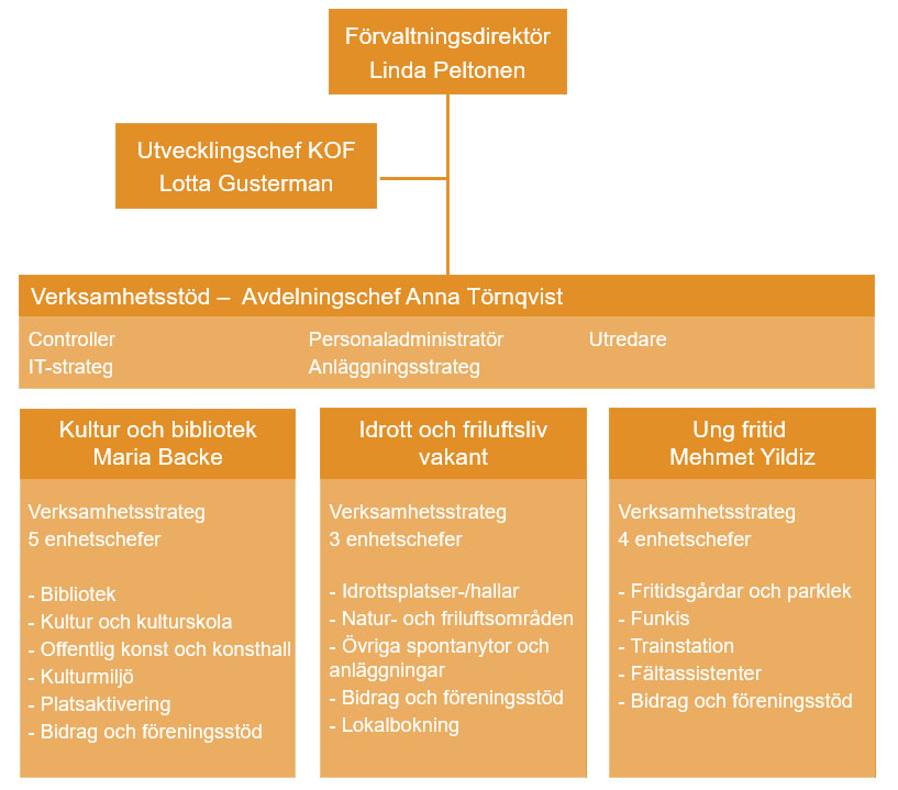 Organisationsschema med förvaltningsdirektör högst upp och fyra avdelningar.