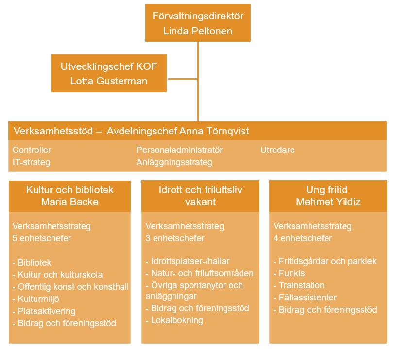 Organisationsschema med förvaltningsdirektör högst upp och fyra avdelningar.