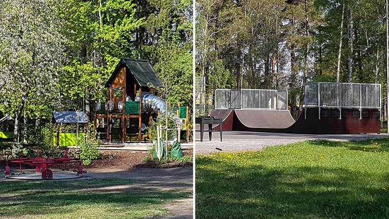 Kollage: Till höger en bild på den nya lekplatsen vid Lillgården, till vänster en bild på skateboardramp vid Lillgården