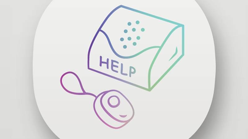 Illustration av ett larm och en text med Help