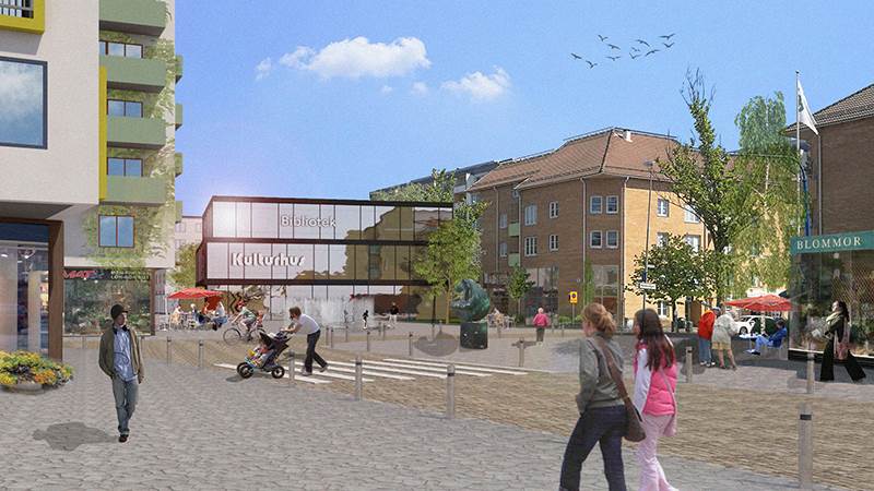 Vy åt nordöst över nya torget vid stationen Vy åt nordöst över nya torget vid stationen