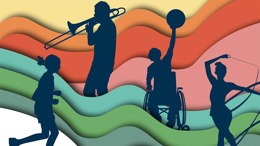 Grafik med personer som idrottar och spelar instrument.