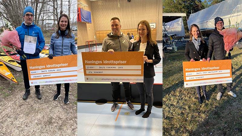 Francois Herrault, IFK Haninge och Linus Wikström tar emot pris av Nicole Forslund (L), ordförande i idrott-, kultur- och fritidsnämnden.