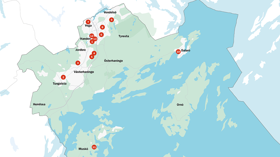 Trygghetspunkter i Haninge kommun. Karta över trygghetspunkter i Haninge kommun.