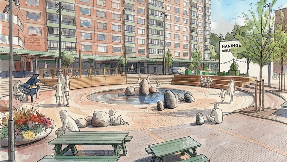 Skiss över ett stenlagt torg med människor som sitter och står