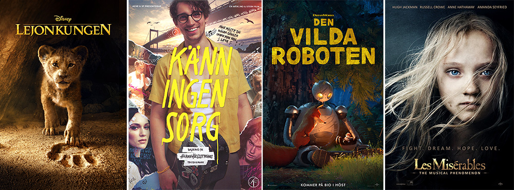 Affischer från Lejonkungen, Känn ingen sorg, Den vilda roboten och Les Miserables.