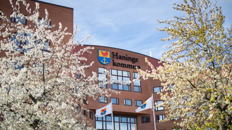 Kommunhuset i Haninge med körsbärsblommor utanför.