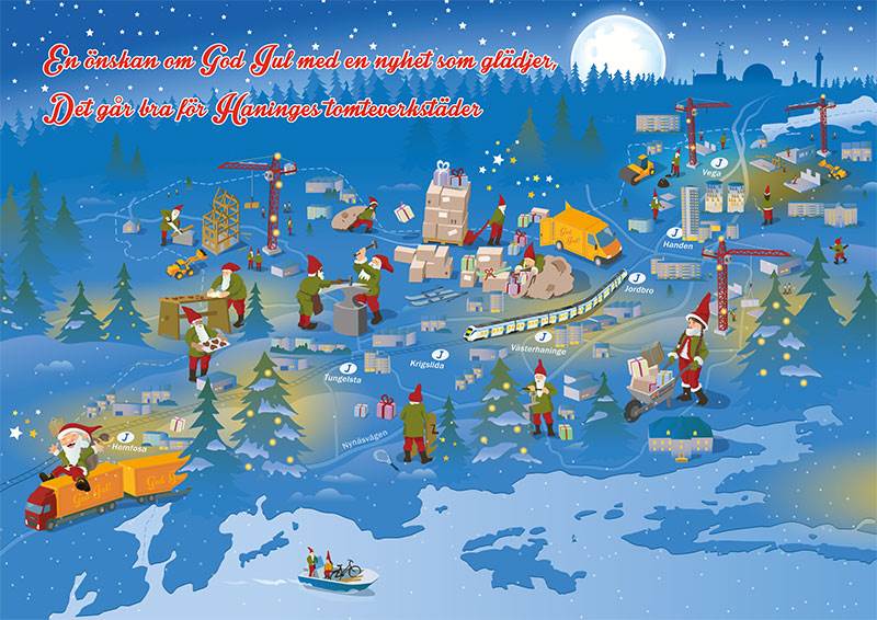 2021 års julkort från Haninge kommun finns nu att beställa Julkort med tomtenissar som arbetar runt om i kommunen