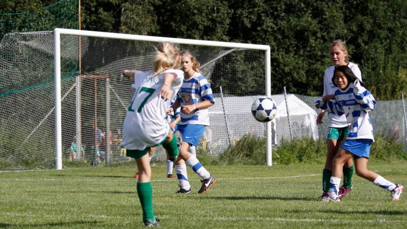 Flickor som spelar fotboll utomhus