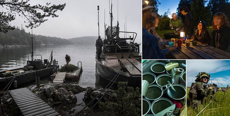 Collage med bilder på soldater som övar, grannar som äter middag ute i mörkret samt tomma konservburkar