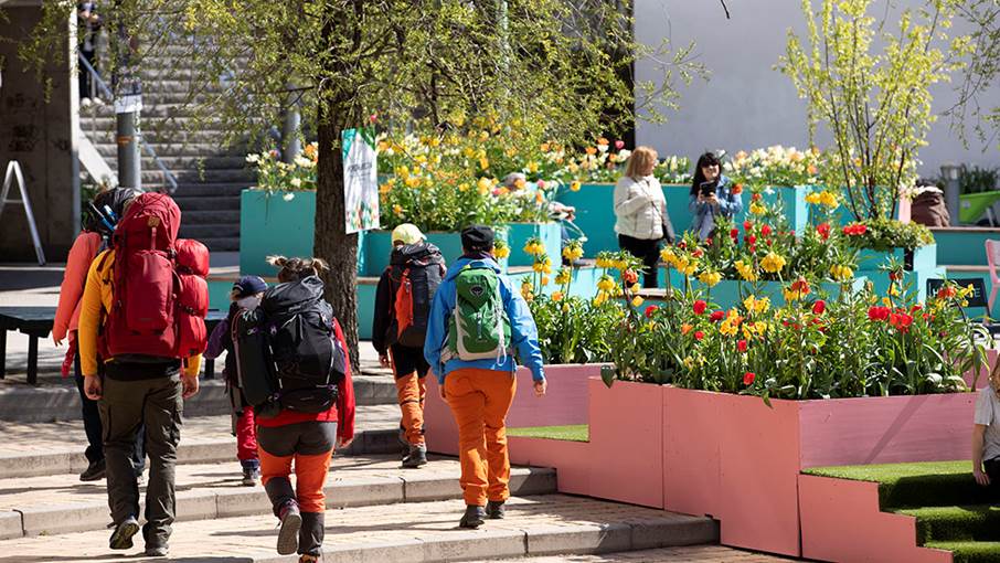 Människor i färgglada kläder och stora ryggsäckar går på ett tulpanprytt Poseidons torg i Haninge.