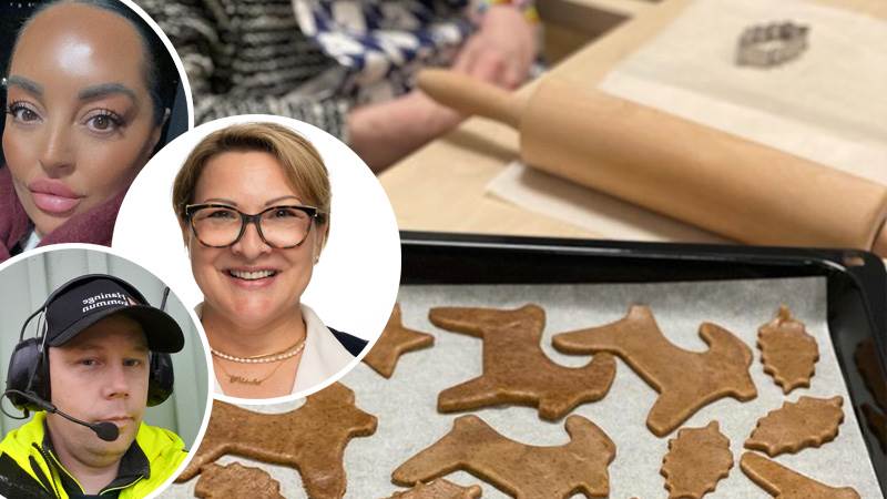 Möt tre medarbetare som jobbar i jul. På Terrassens vård- och omsorgsboende har de boende bakat pepparkakor och julmyst hela december. Bariha, Natalia och Niklas mot en bakgrund av pepparkaksbak.