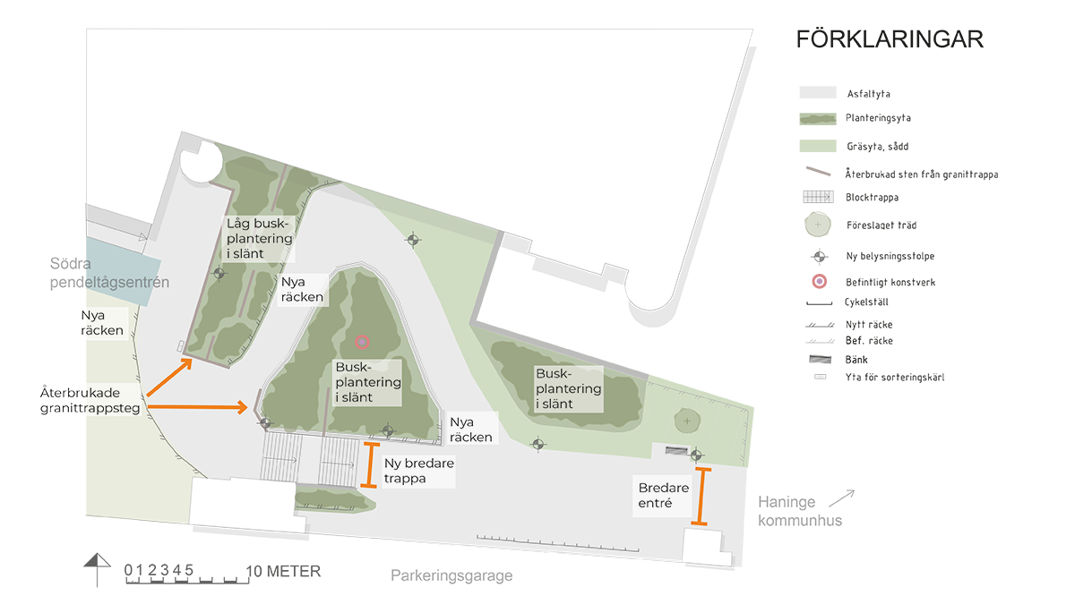Illustration över ett litet parkområde som visar planerade förbättringsåtgärder