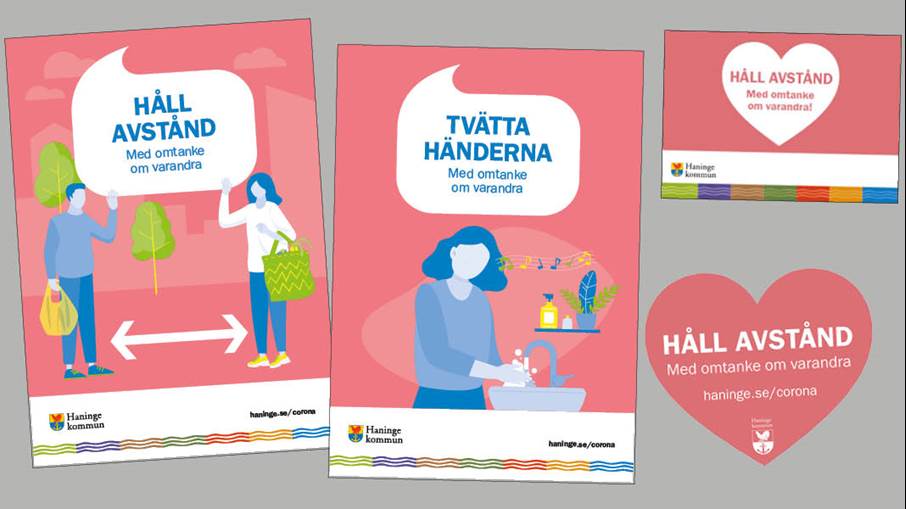 En affisch med budskapet Håll avstånd, en affisch med budskapet Tvätta händerna, en bordsryttare med budskapet Håll anstånd och en golvdekal i form av ett hjärta med budskapet Håll avstånd
