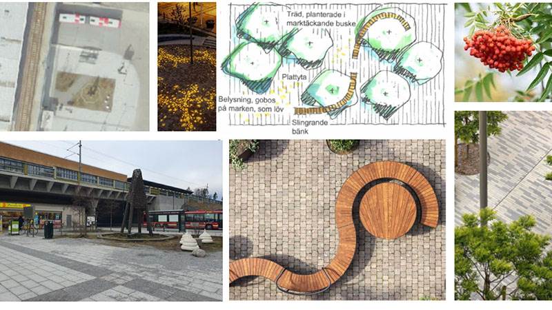Inspiration för utveckling av torget vid Vega station Kollage som visar visionerna för upprustning av torget vid Vega station