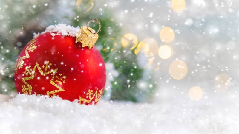 God jul och gott nytt år önskar ledningsgruppen Röd julkula liggandes i glittrande snö
