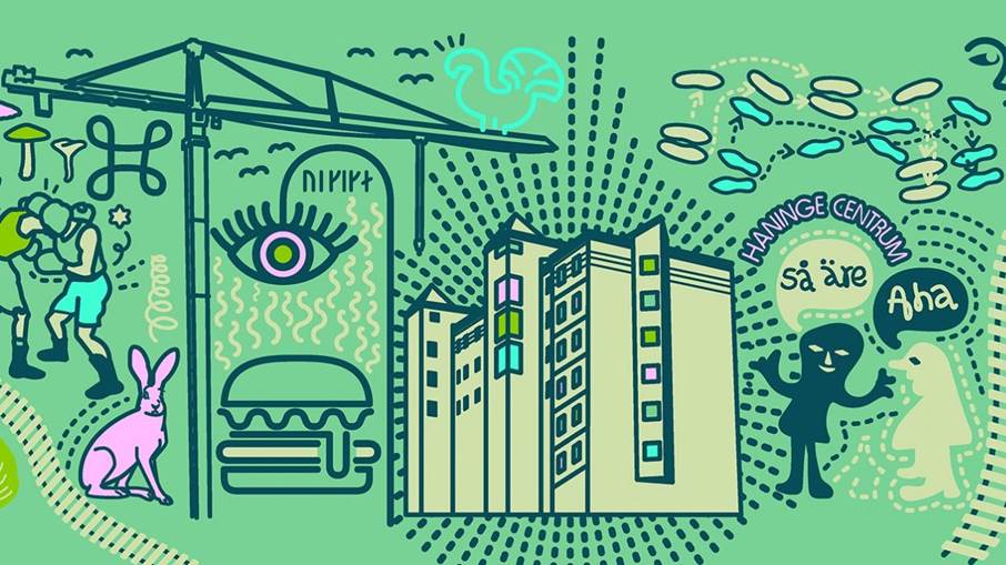 Illustation över Haningemotiv så som konstverket Blickfång, Haninge centrum, personer som boxas, en lyftkran och en kanin. .