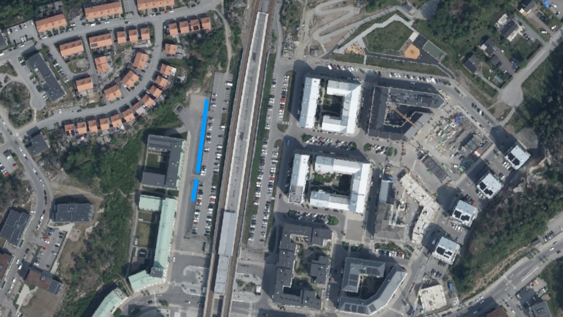 Kartbild som visar ut en blå markering för nya parkeringsplatser