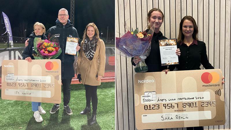 Vinnarna i kategorierna Årets förening och Årets unga idrottsledare tillsammans med Nicole Forslund (L), ordförande idrotts- och fritidsnämnden. Vinnarna av Haninges idrottspriser och nämndordförande Nicole Forslund (L) ler mot kameran.