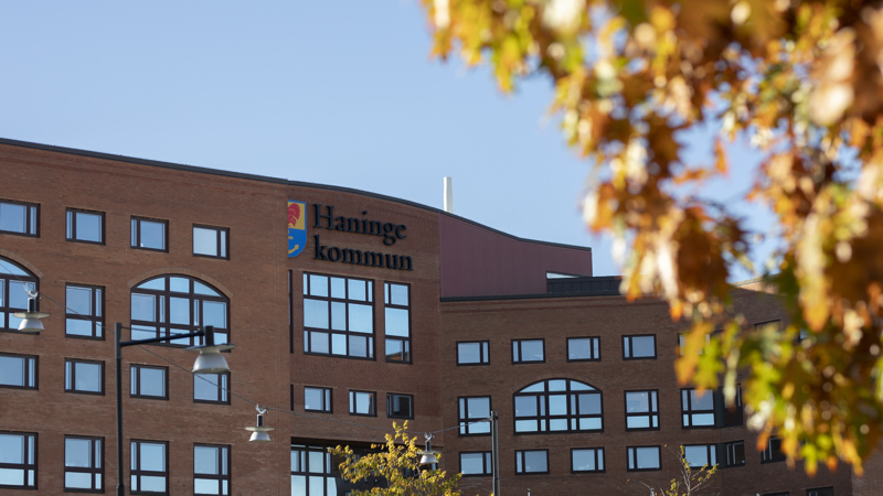 Kommunhuset med höstlöv i förgrunden