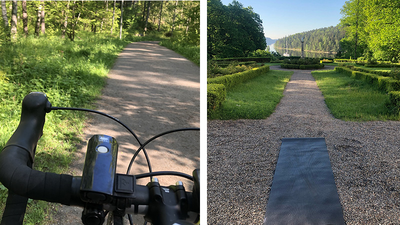 Bild 1: Närbild på cykelstyre i grönskande omgivning. Bild 2: Yogamatta på gruslagd gång vid Tyresö Slott