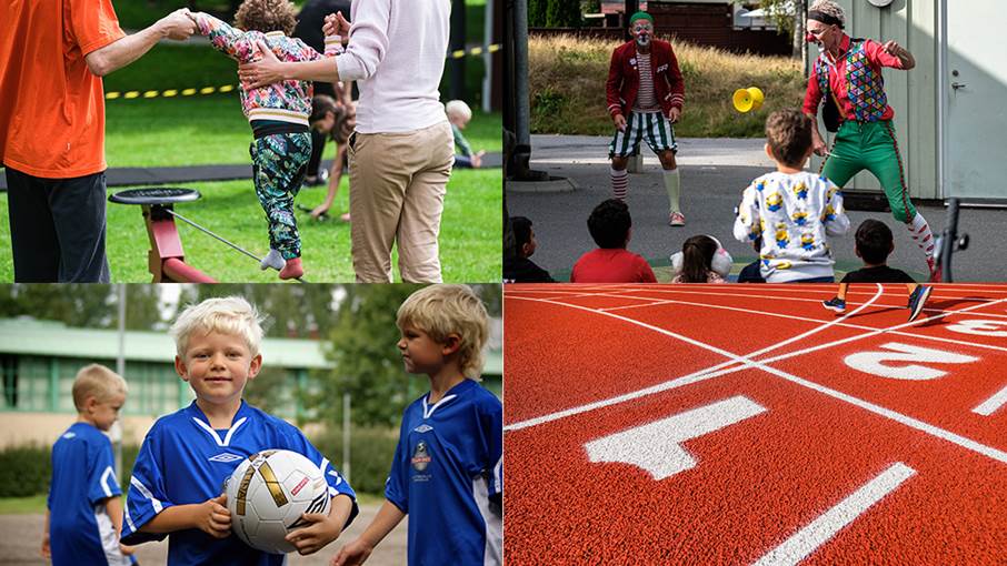 Collage med fotbollspojke, clowner, löparspår och balansgång.