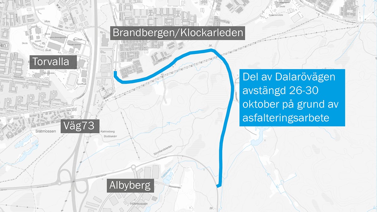 Karta som visar ut del av Dalarövägen som är avstängd för trafik 26–30 oktober på grund av asfalteringsarbete.