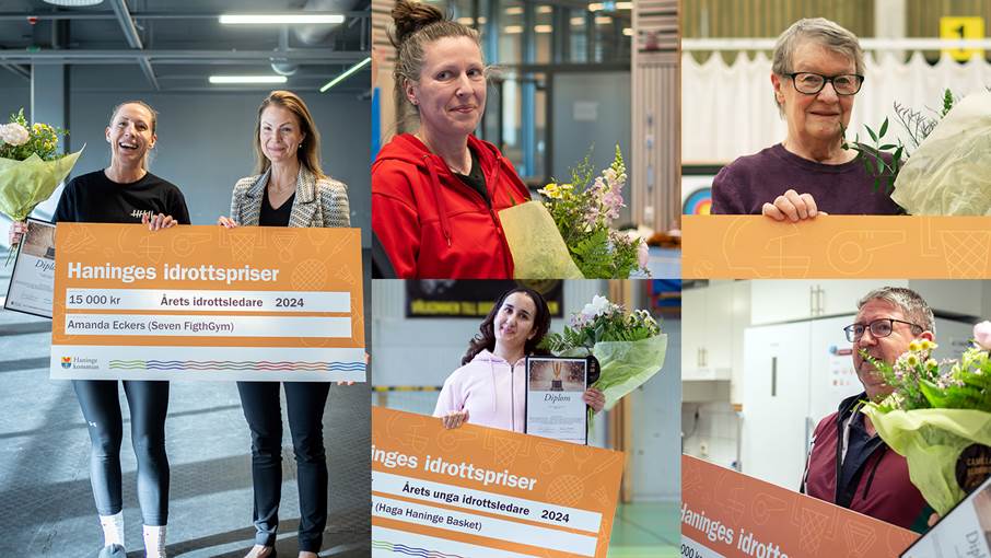 Glada vinnare av idrottspriset 2024. Collage med glada personer som håller i stora prischeckar.