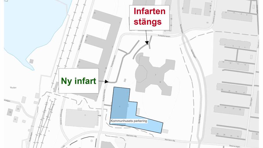 Nya infarten till kommunhusets parkering Karta som visar den Nya infarten till kommunhusets parkering