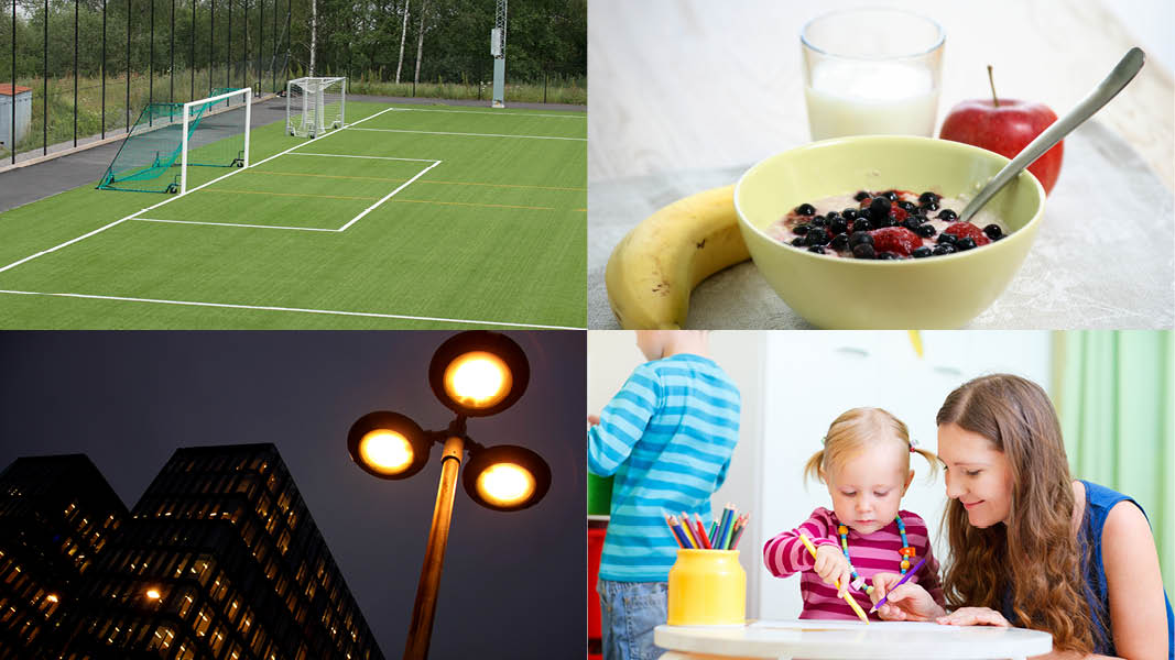 Bild på fotbollsplan, frukost, belysning och ett förskolebarn med pedagog