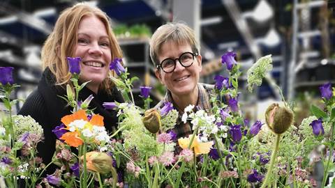 två kvinnor som tittar fram bakom vackra blommor i en monter på Trädgårdsmässan Nordiska trädgårdar